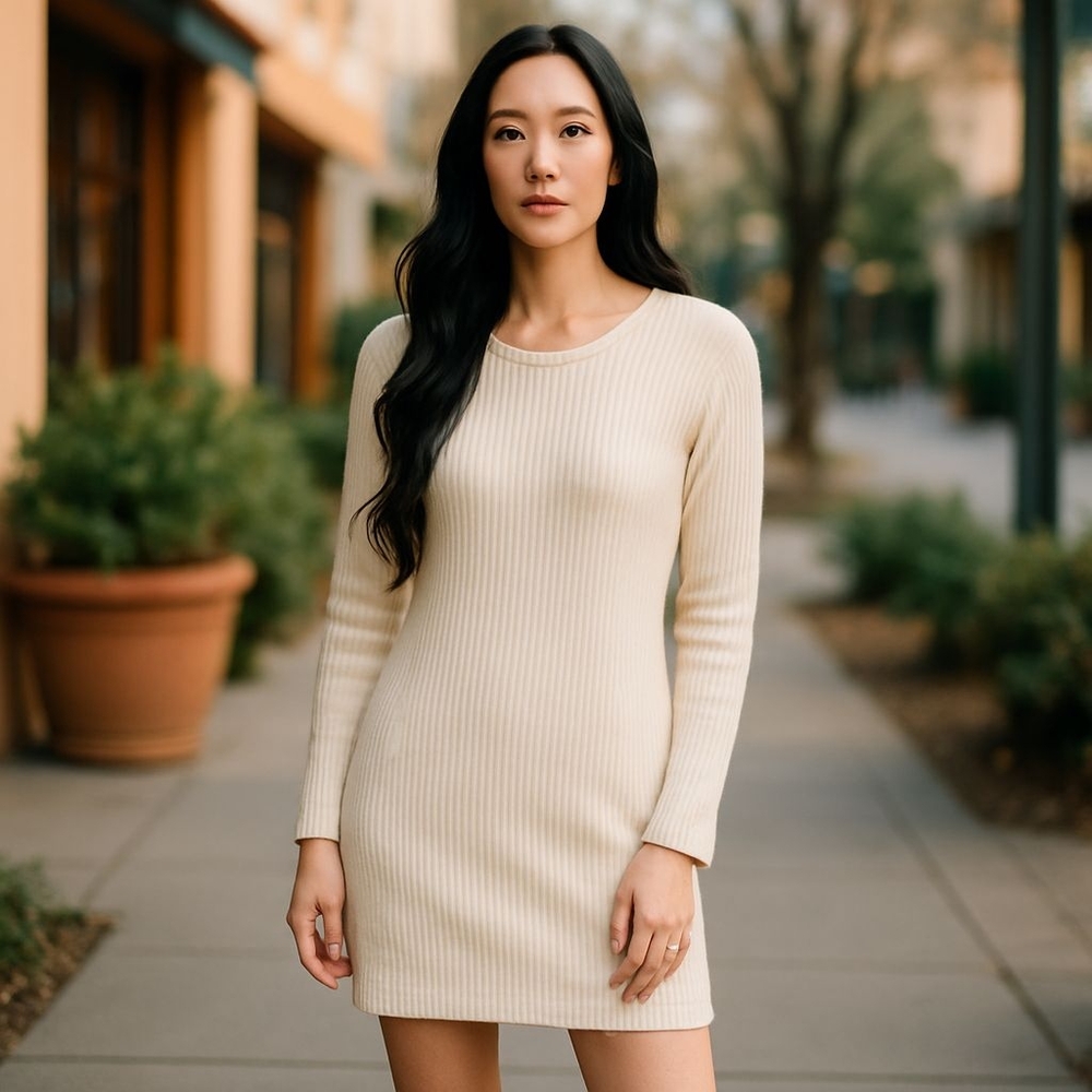 Elegant Cream Ribbed Knit Dress